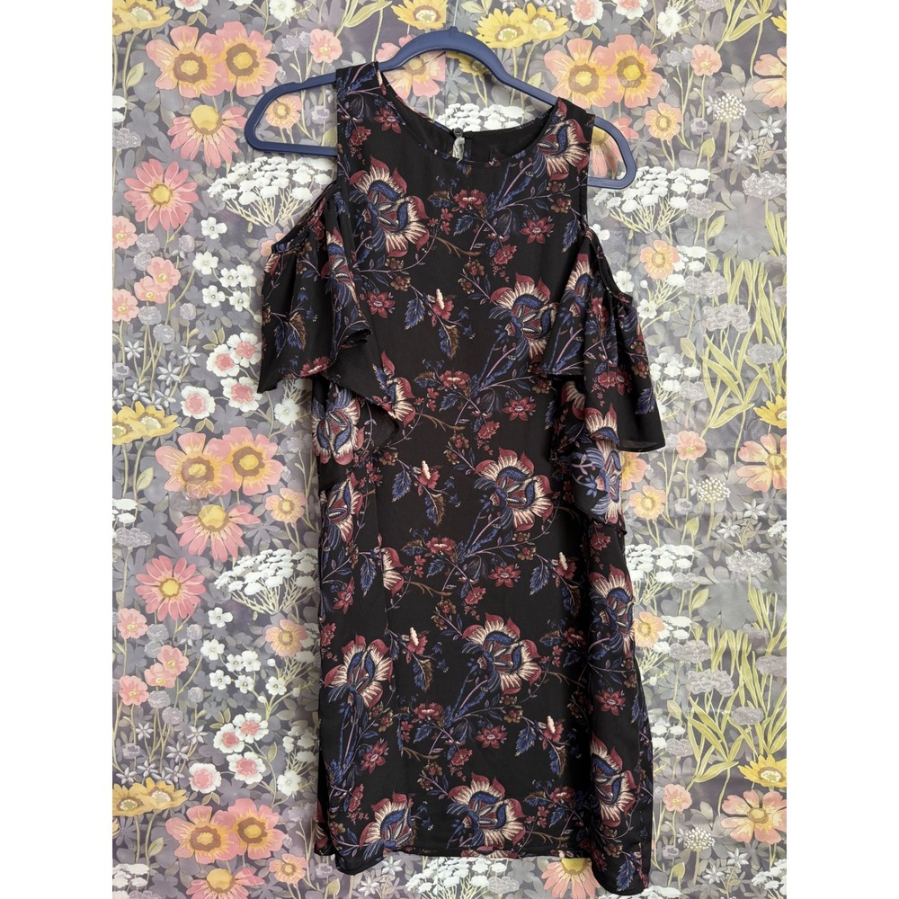 Free Press Womens Cold‎ Shoulder Floral Ruffle Black Midi Dress Size L